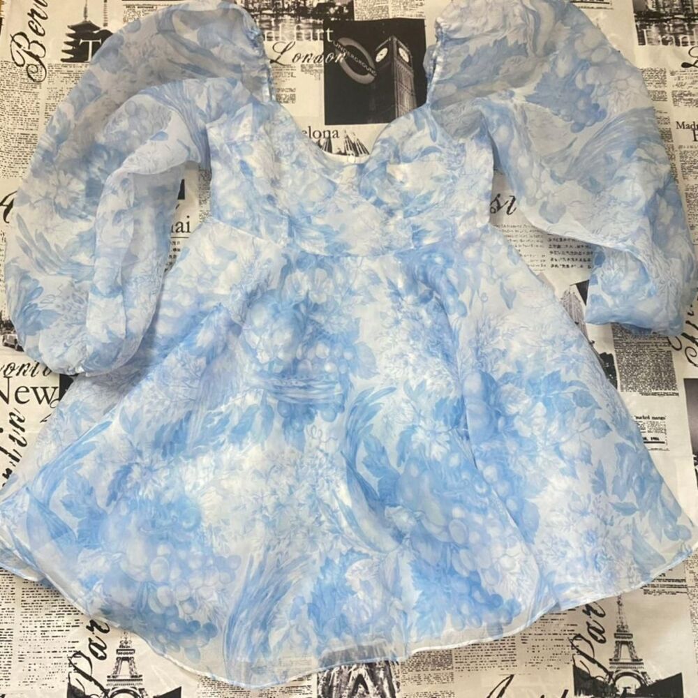 Selkie Women's Blue white toile print babydoll princess dress mini length
